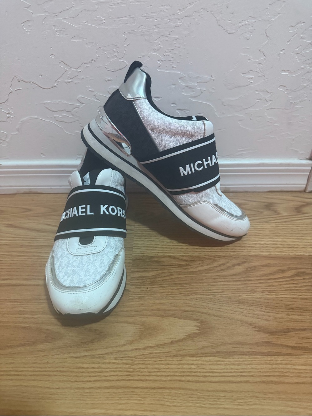 Michael Kors White and Black Slip-On Logo Strap Sneakers